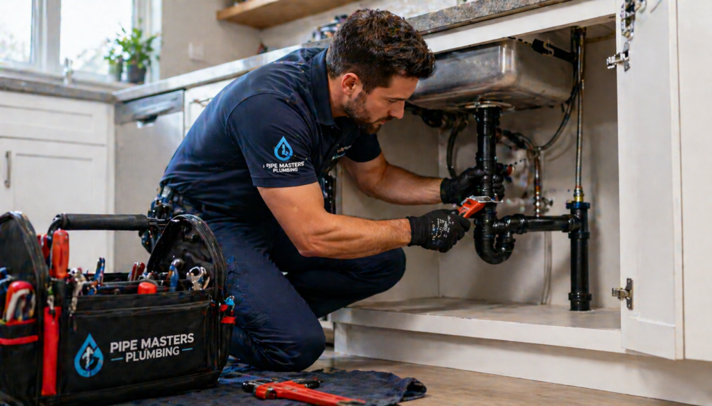 Professional local plumber working on home plumbing system demonstrating expert service and transformation