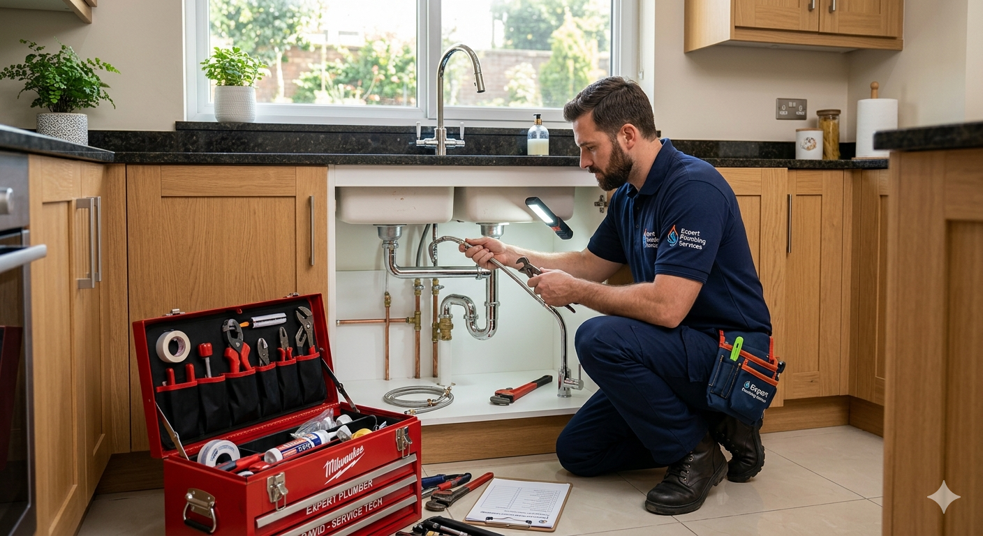 Professional local plumber working on home plumbing system demonstrating expert service and transformation